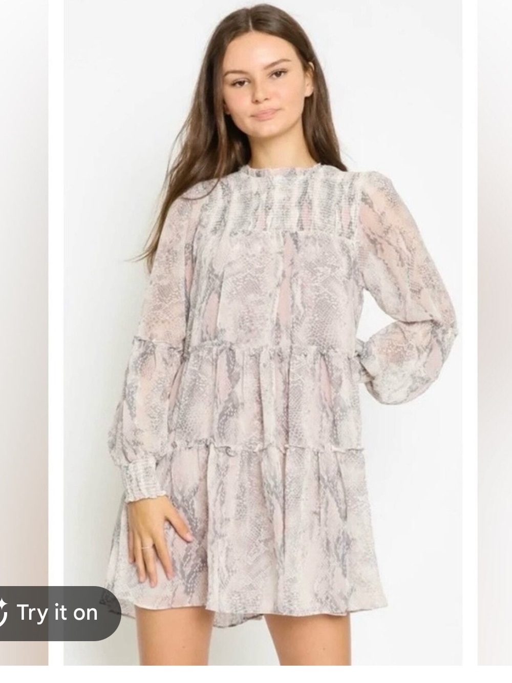 Gallery Blush and Gray Snake-Print Tiered Mini Dress